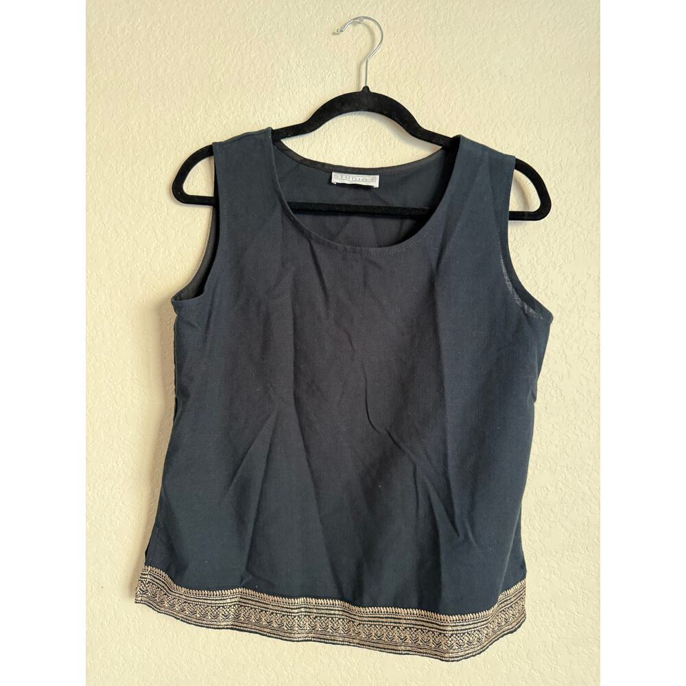 Vintage Studio C Black Sleeveless Top Metallic Embroidered‎ Hem Boho Tank Medium